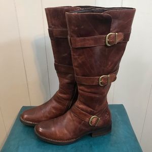 Born Brown Leather Tall Riding Straps Heel Factory Distressed Zip Boots 6 M